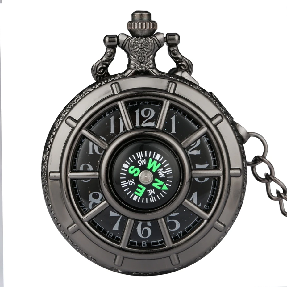 Retro Black Starry Dial Compass Design Hollow Skeleton Steampunk Quartz Pocket Watch Necklace Chain Pendant Clock Gifts for Men