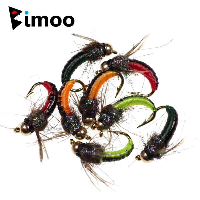 Bimoo 8pcs #12 #14 Brass Bead Head Fast Sinking Nymph Scud Fly Bug Worm Trout Fishing Flies Artificial Insect Fishing Bait Lures