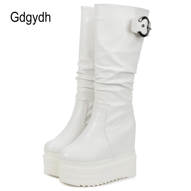 Gdgydh Thick Sole Height Increased Tube Boots Women Fashion Buckle Strap European and American Platform Shoes Woman Knee High