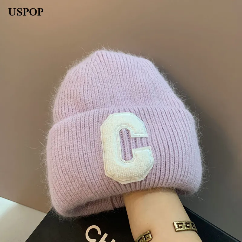 

USPOP New Winter Women's Hat Kintted Wool Skulles Cap Soft Thick Warm Letter C Beanies