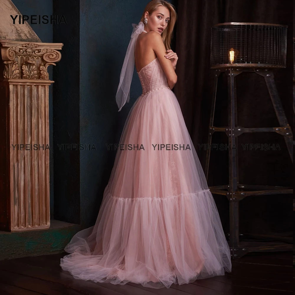 Yipeisha Halter abiti da ballo rosa con perle abito da sera lungo A-line su misura abito da cerimonia formale Robe de Soiree 2021