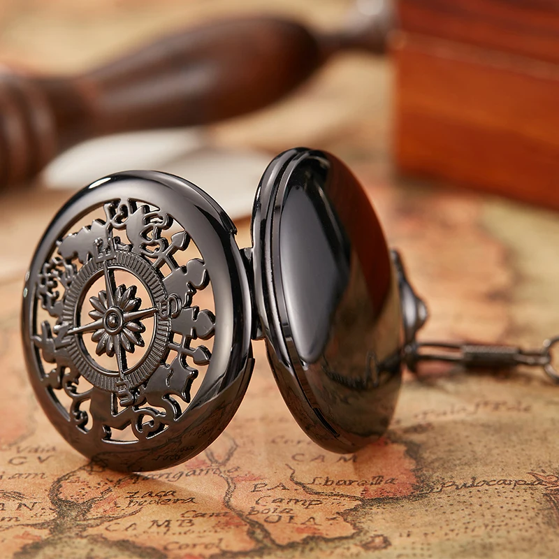 Reloj de bolsillo de cuarzo con colgante de brújula antigua para hombre y mujer, accesorio de pulsera con cadena, color negro, Estilo Vintage, regalo de cumpleaños