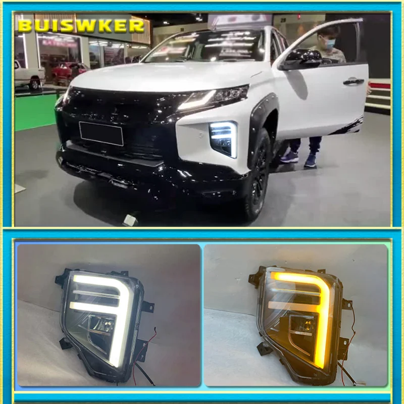 Fit For Mitsubishi Triton L200 2019 2020 2021LED DRL Daytime Running Lights Fog Lamp Cover with Yellow Turn Signal Lamp