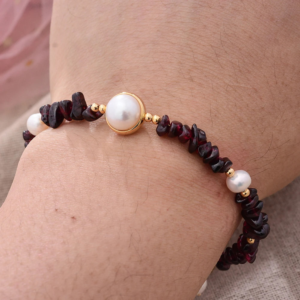 Original Handmade 14K Gold Filled Natural Freshwater Pearl Garnet Stone Ladies Bracelet Promotion Jewelry Women New Year Gift