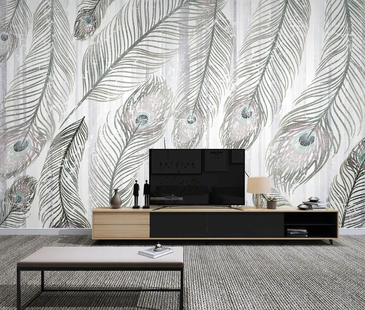 

Custom wallpaper peacock feather vertical stripes TV background wall painting home decoration feather decoration 3d wallpaper