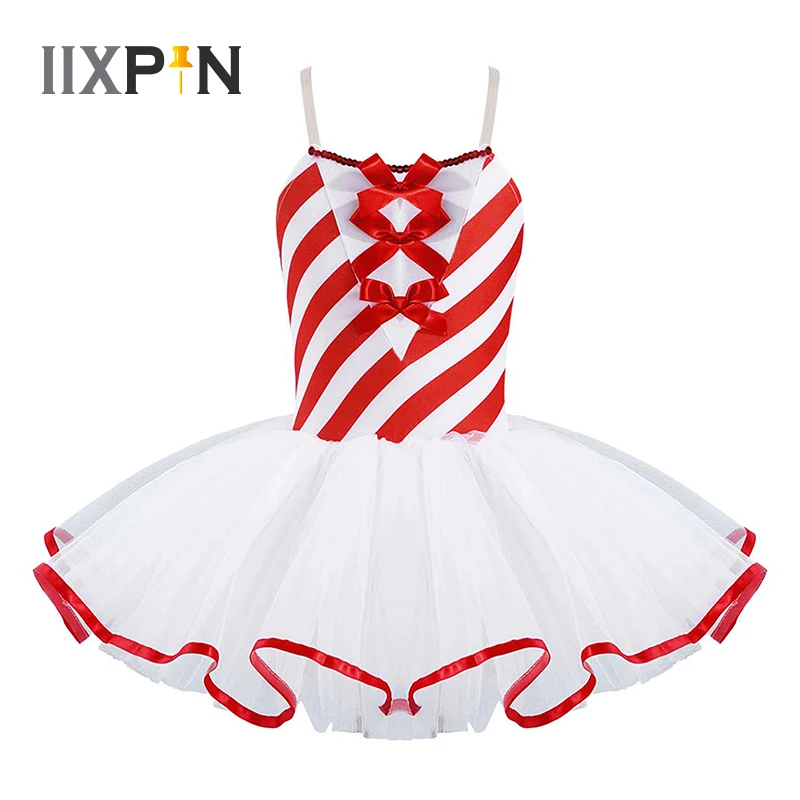 

Kids Girls Christmas Dance Dress Sleeveless Bowknot Stripes Mesh Tutu Dress Princess Ballet Dress Ballerina Party Dancewear