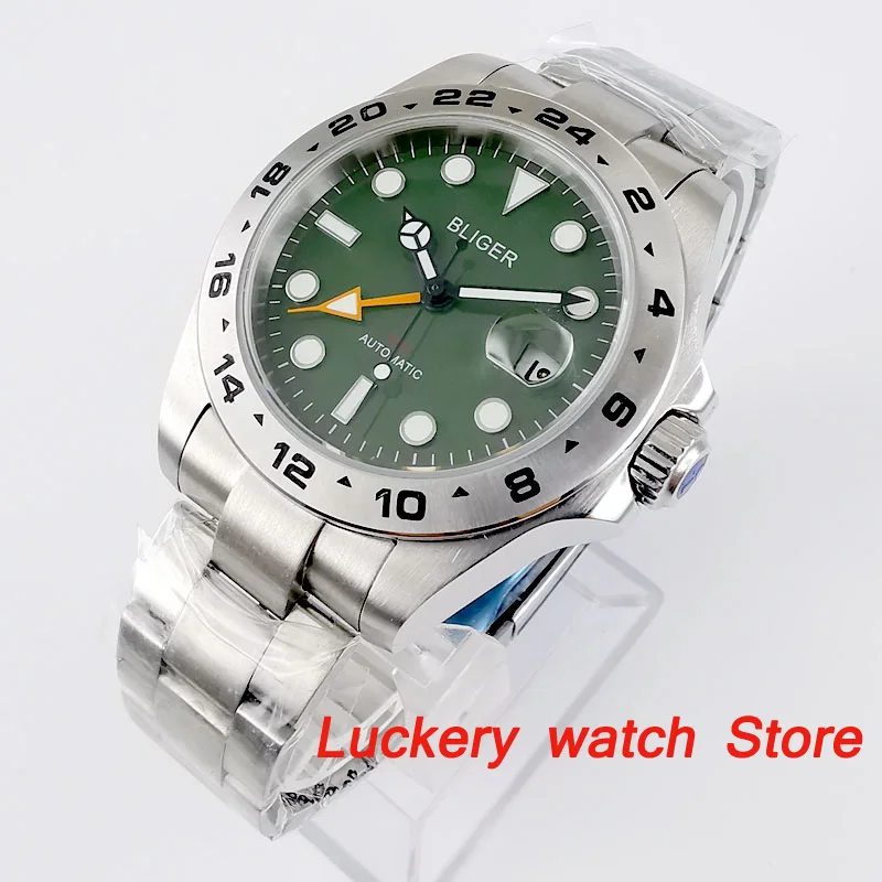 Bliger 43mm top luxury Men watch green dial Sapphire glass luminous display GMT Function Automatic winding Movement