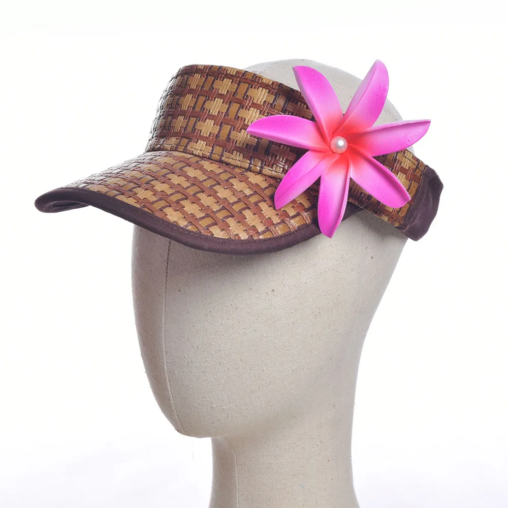 Free Shipping KN-hk006 24 pcs/lot Foam Plumeria Flower on Handmade Woven Sun Visor Trucker Hat Hawaii Women Summer Beach Caps