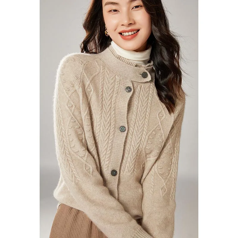 Women's Cardigan, Round Neck Elastic, Basic Explosive Style, Pure Wool Twisted Long-Sleeve Soft And Thick Knitted Sweater Coat
