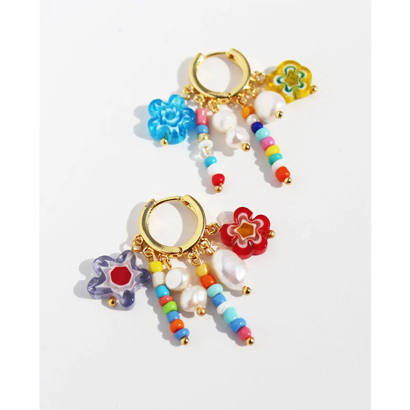 

Hoop Earrings for Women Natural Pearls Color Flower Beads Gold Hoops Gift Boho Dangle Drop Pendant Hanging Earrings Jewelry