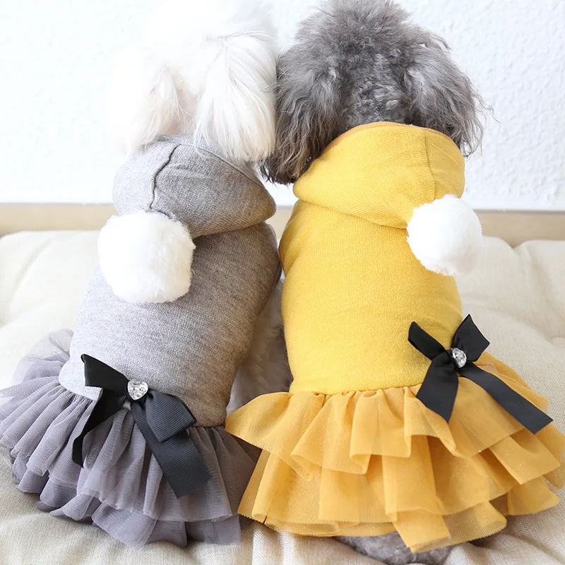 

Ball Bow Lace Pet Dog Clothes Winter Warm Dog Dress With Hat Dog Shirt Hoodies Coats Clothing For Dogs Cat Yorkie Teddy