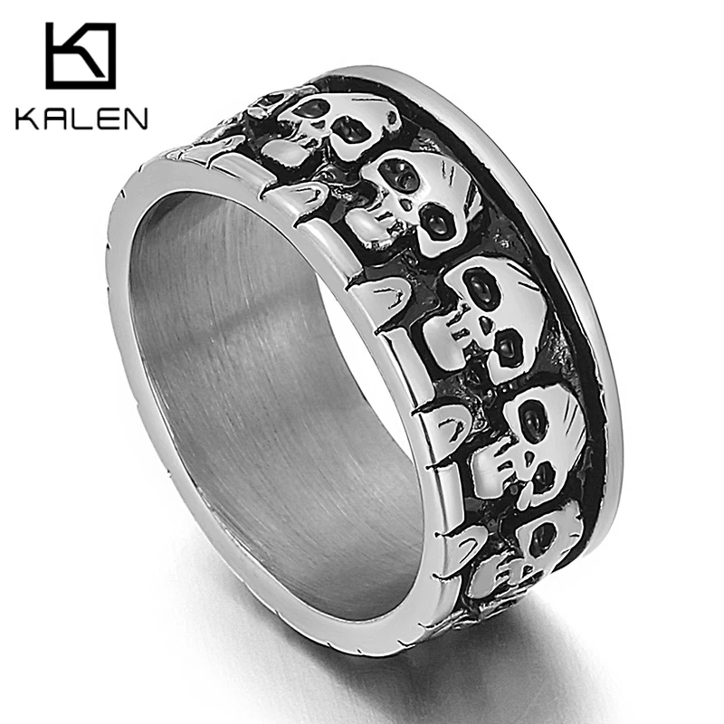 Anillo Kalen gótico con calavera y alma para hombre, joyería Vintage de acero inoxidable de Color negro/dorado, Anillos gruesos de 10mm de ancho, accesorio de moda