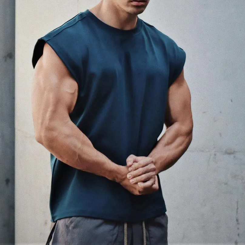 New Men O-neck Tank Top Pure Color Cotton Summer Vest Gym Muscle Bodybuilding Streetwear Sleeveless Shirt Workout Fitness Sport