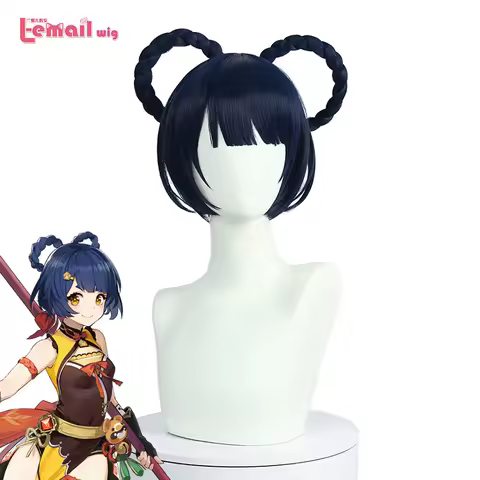 L-email wig Genshin Impact XiangLing Cosplay Wig Dark Blue Short Cosplay Wig Braided Wigs Heat Resistant Synthetic Hair