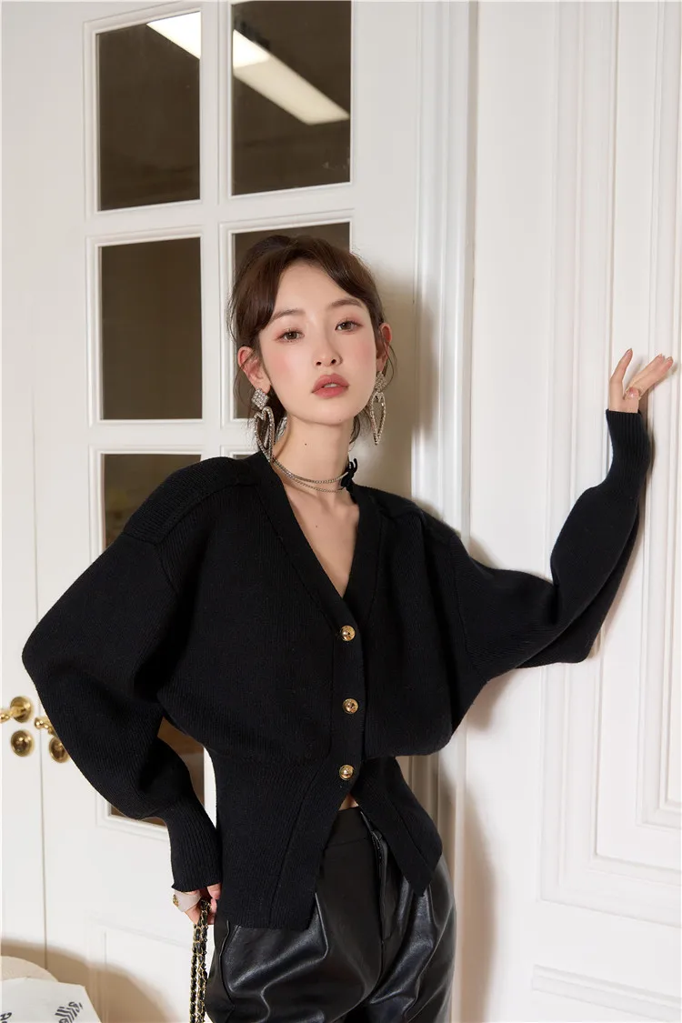 CHEERART Black Lantern Sleeve V Neck Cardigan Sweater Women Korean Fashion Knitted Sweater Designer Winter Autumn 2021 Clothes