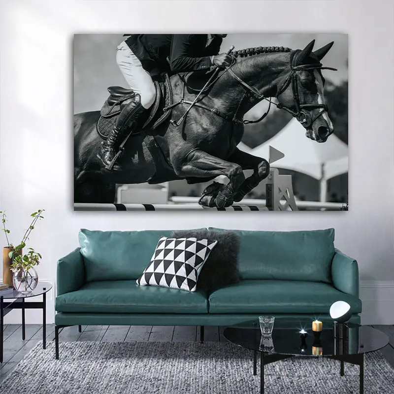 Modern Black and White Horse Pictures Knight Rider Posters and Prints Race Canvas Painting Wall Art for Living Room Decor Quadro