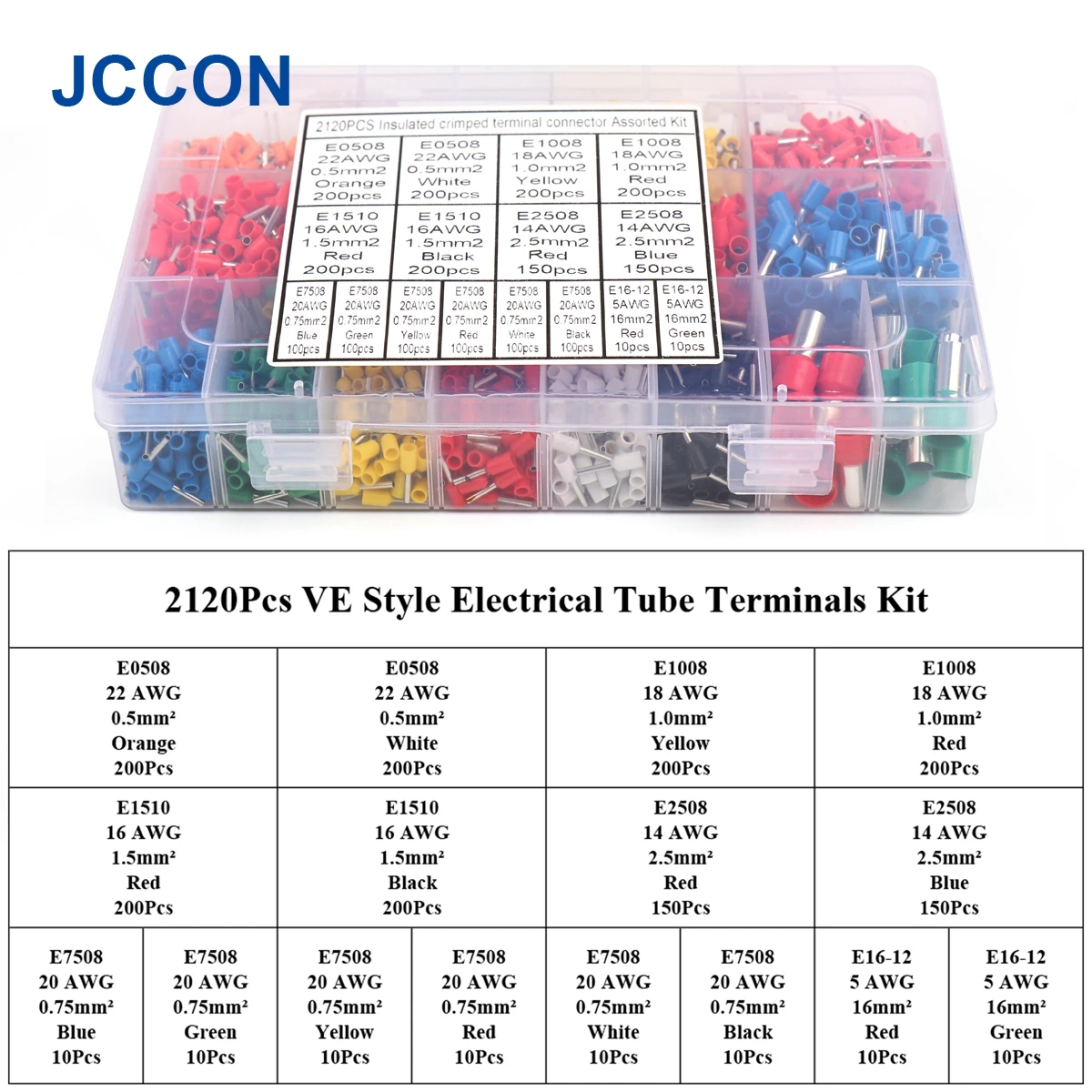 2120Pcs Cable Wire VE Style Connector Electrical Tube Terminals Pre-Insulated Crimping Sleeve Terminal Suit Assorted Kit