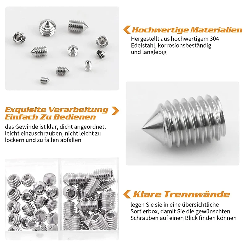 ELECTRAPICK-tornillo hexagonal de punta cónica, perno sin cabeza, M3, M4, M5, M6, M8, 240 piezas