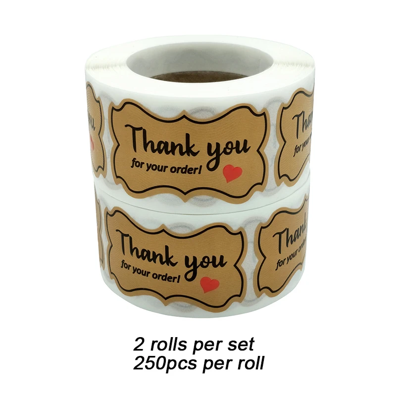 2 Rolls/Set Kraft Paper Thank You for Your Order Stickers Business Supplies Stickers Food Bags Sealing Labels 250pcs/Roll 3x5cm