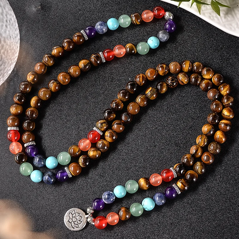 8mm Natural Yellow Tiger Eye 7 Chakra Elastic Rope Wrapping Bracelet Meditation Yoga Healing Jewelry 108 Mala Rosary Bangle