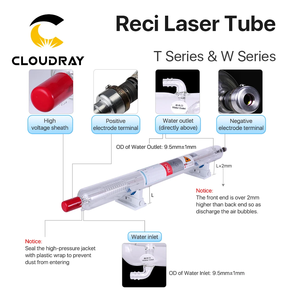 Cloudray Reci W6/T6 130-160W tubo láser CO2, caja de madera, diámetro de embalaje Máquina cortadora de grabado láser CO2 S6 Z6, 80mm/65mm
