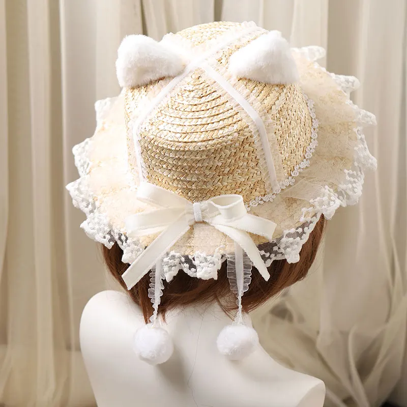 

Lolita Handmade CLA Lace Bow Cat Ear Flower Wedding Straw Hat Travel Tea Party Handmade