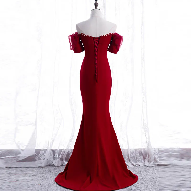 Evening Dress Burgundy Boat Neck Elegant Mermaid Short Sleeves Empire Floor-Length Lace Up New Party Formal Dresses Woman B1188