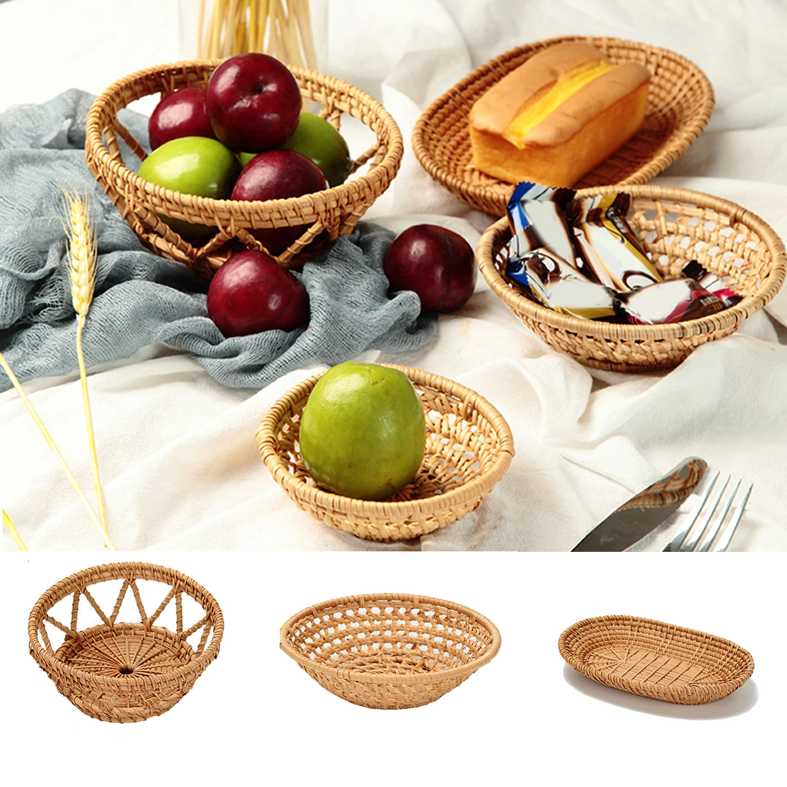 Rattan Woven Tray Convenience Store Handmade Round Basket Food Craft Rattan Tray for Food Fruit Storage Home Organizer