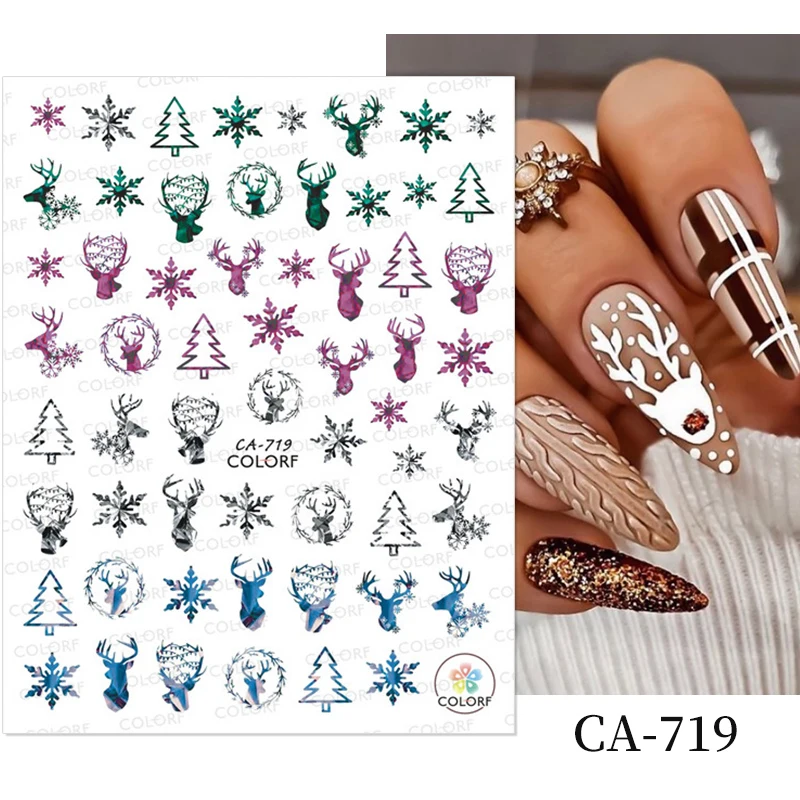 Winter Xmas Nail Sticker 3D Christmas Elk Santa Christmas Snowflake Cartoon Slider Design Polish Decoration Nail Accessories