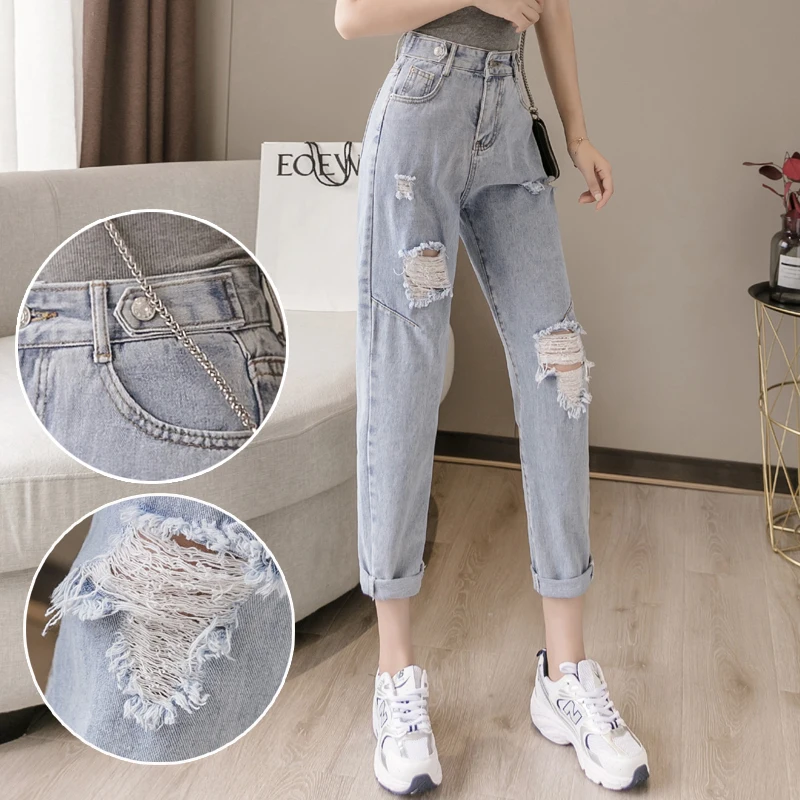 

Woman Jeans Clothes High Waisted Ripped Nice Summer Streetwear Baggy Wide Leg Vintage Vogue Blue Harajuku Straight Pants