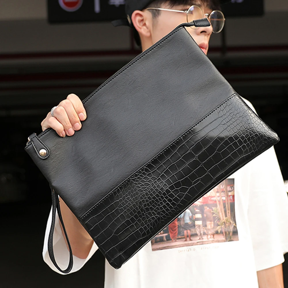 Men Leather Day Clutch Envelope Hand Bag Alligator Patchwork Business Male Bags Vintage Soft Large Office Wallet For Phone XA70C