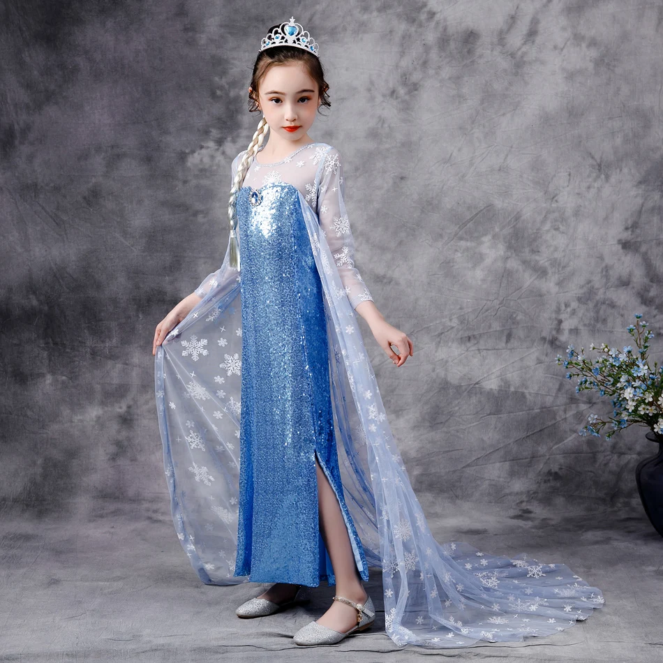 2020สาว Elsa 2 Princess Sequin ชุด Snowflake Cape Crown เสื้อผ้าเครื่องแต่งกายฮาโลวีนสำหรับเด็กแฟนซีชุด