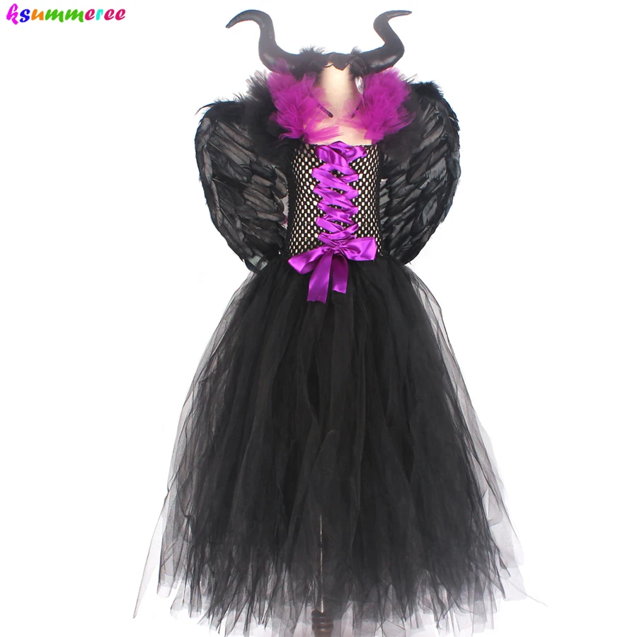 Kids Evil Queen Girls Halloween Fancy Tutu Dress Costume with Horn Wing Children Christening Dress Up Black Gown Villain Clothes