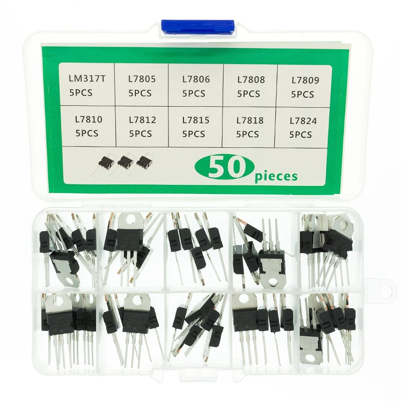 Spannungsregler-Box LM317T L7805 L7806 L7808 L7809 L7810 L7812 L7815 L7818 L7824 Transistor-Sortiment-Kit 10 Werte 50 Stück