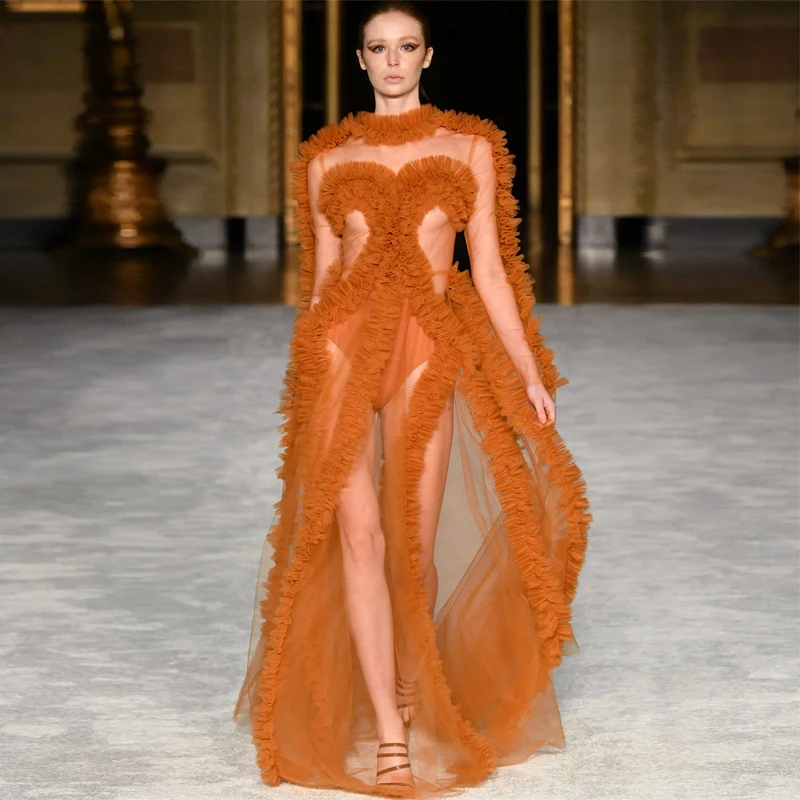 Robe de soirée en Tulle à manches longues pour femmes, ligne a, Sexy, transparente, à volants, faite à la main, sur mesure, pour séance Photo, nouvelle mode