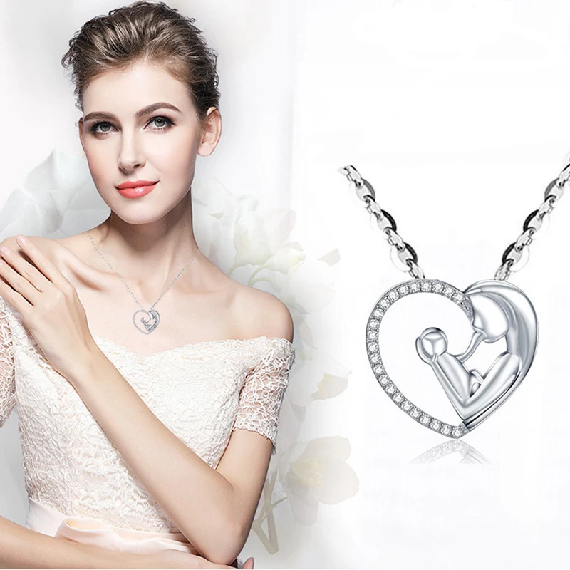 Newl Mom and Children Necklace with Mom Hugging Kid Design Zircon Hollow Heart-shaped Neck Jewelry Gift for Women Mother