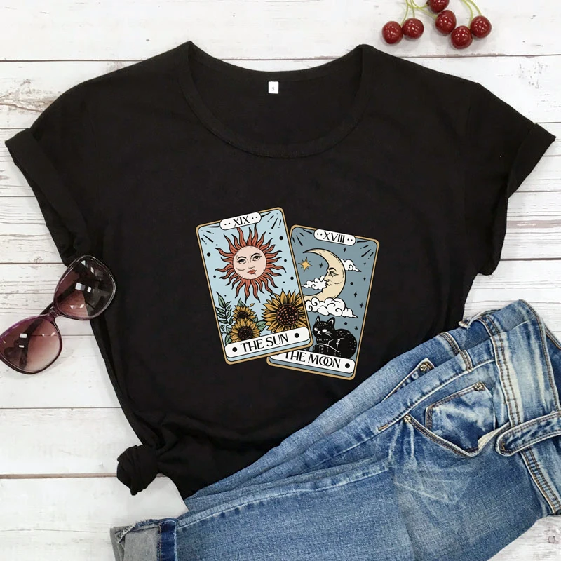 the sun the moon tarot card Colored T-shirt retro women short sleeve graphic witch nature tee shirt top