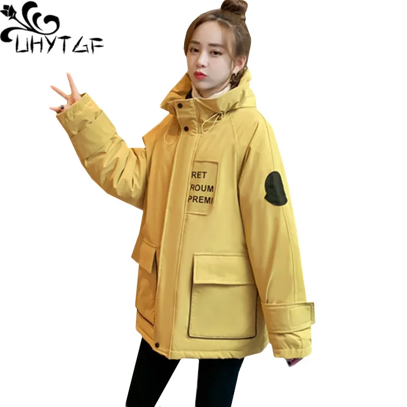 

UHYTGF Winter Jacket Women Hooded Casual Short Parker Women Down Jacket Windproof Warm Cotton Coat Loose Big Size Outerwear 802