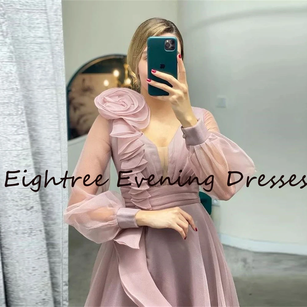 Modern 2024 Dusty Pink Long Sleevess V Neck Prom Dresses A Line High Side Slit Bridal Party Evening Dress Gown Vestidos de festa