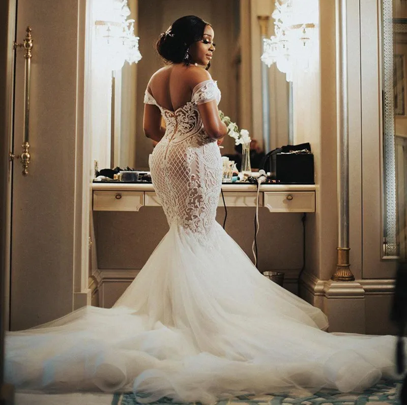 Vestidos de novia africanos de lujo con hombros descubiertos, Espalda descubierta, apliques de cuentas, vestidos de novia de sirena, tren de barrido de tul, matrimonio, 2024