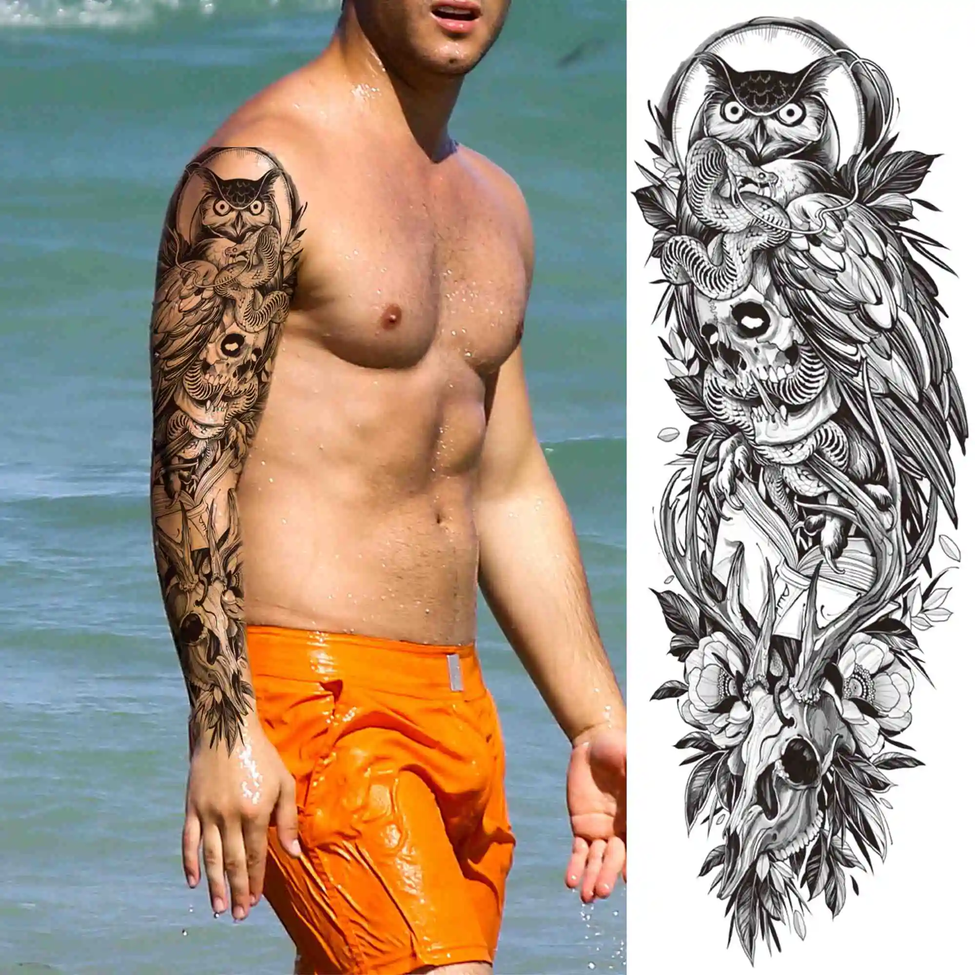 Realistic Eagle Wolf Lion Full Arm Tattoo Sleeve For Men Adult Skull Owl Temporary Tattoos Sticker Big Water Transfer Fake Tatoo