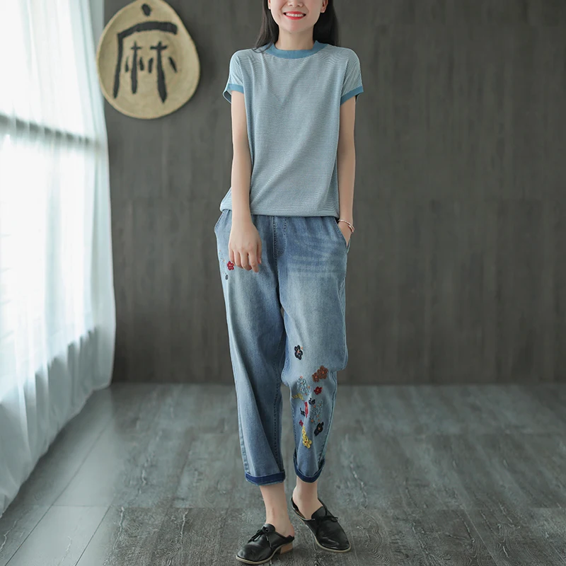 TIYIHAILEY Free Shipping 2021 Calf Length Fashion Women Trousers Plus Size Denim Jeans Size M-XL Summer High Quality Embroidery