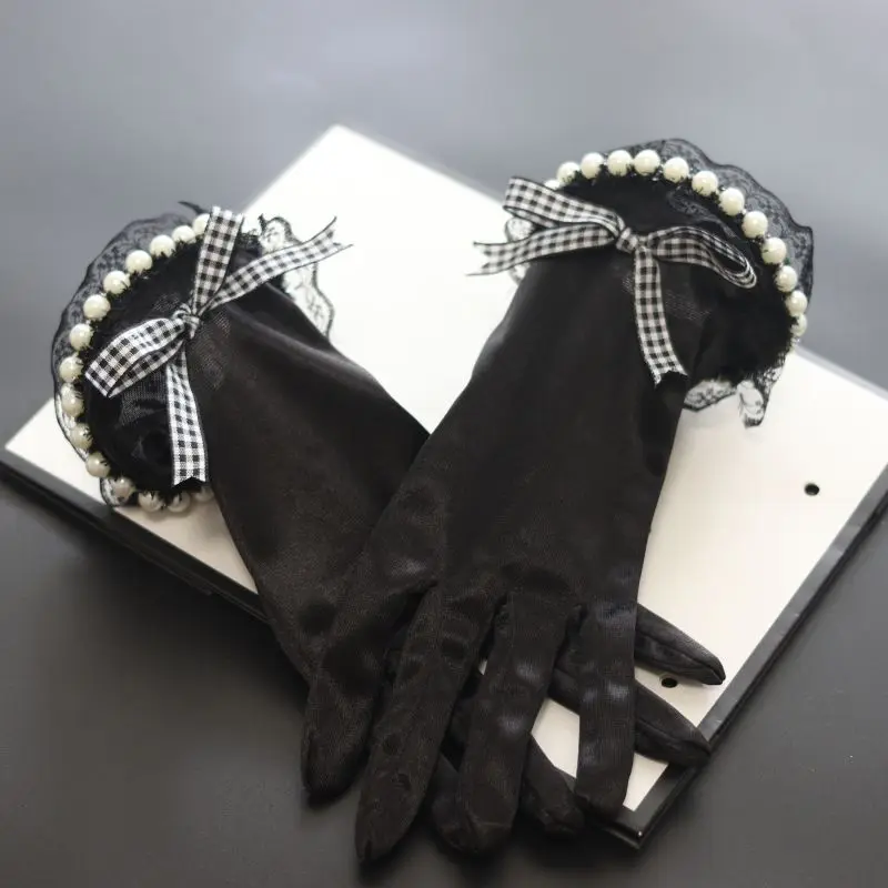 Black White Gloves Women Short Bridal Party Satin Gloves Stretchy Girl Gloves Lace Pearls Bridal Gloves Wedding Accessories