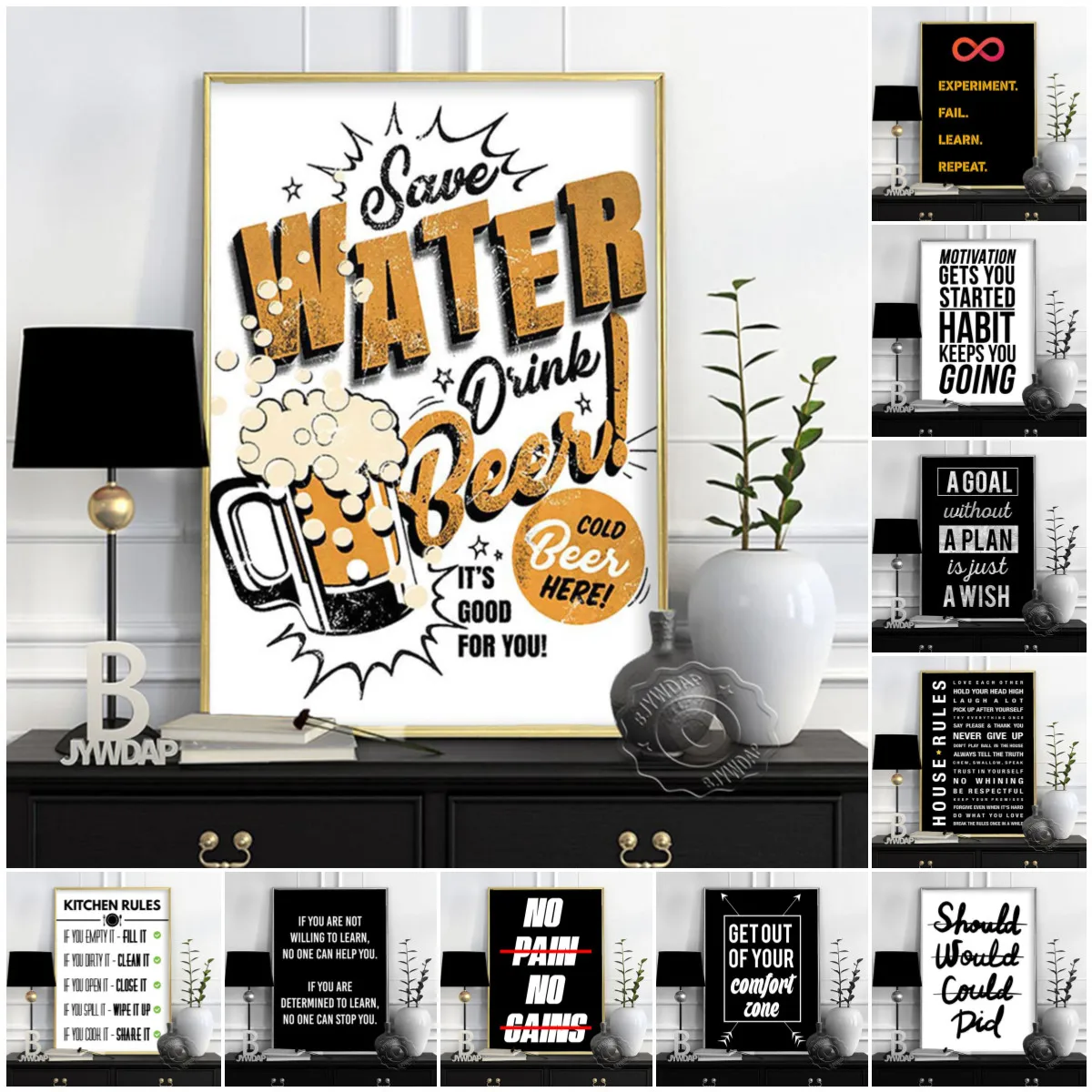 Modern Nordic Letters Art Prints, Life Inspirational Poster, Black White Wall Poster, Words Wall Stickers, Home Decor Wall Art