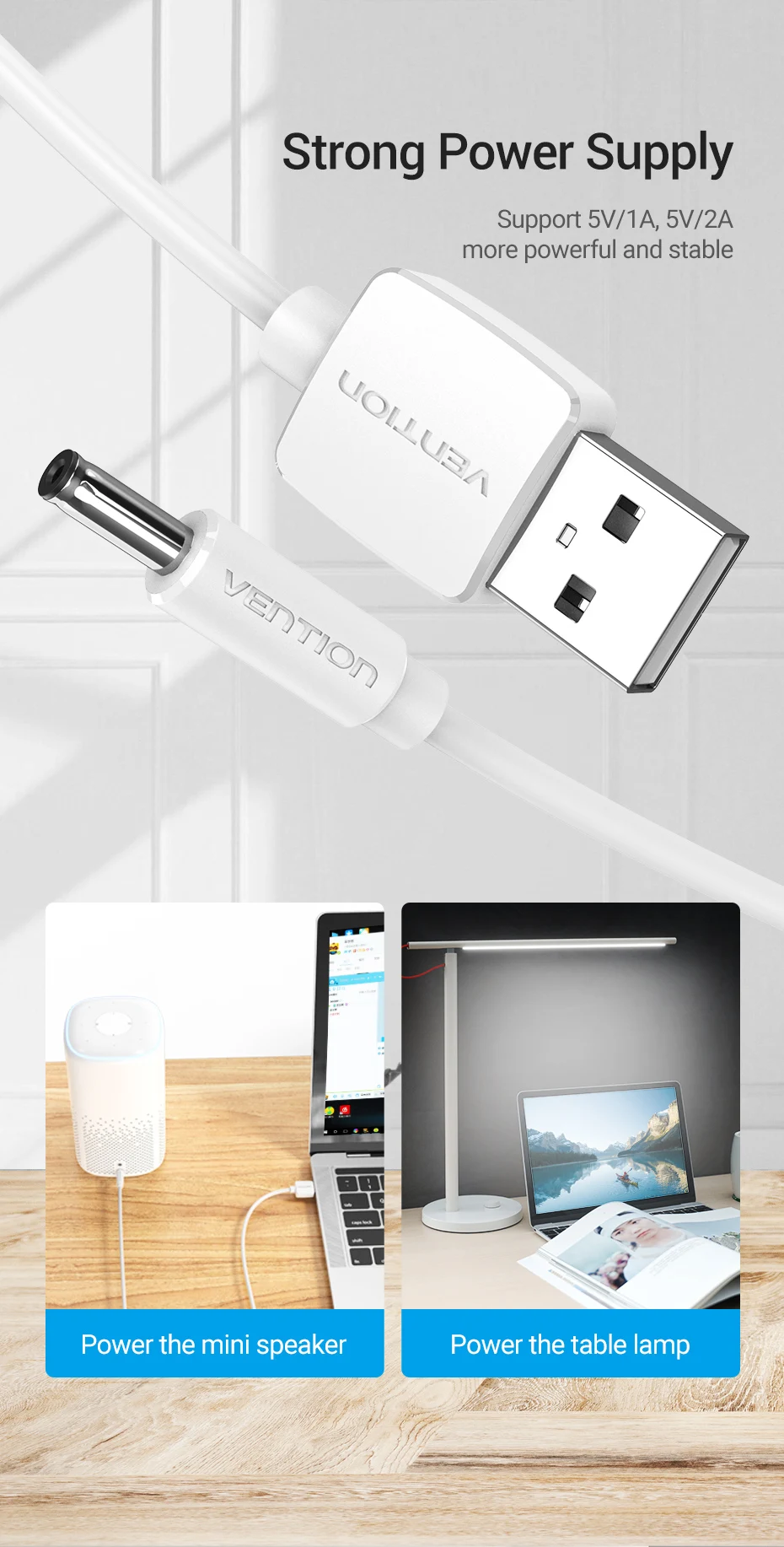 Vention USB auf DC 3,5 mm Stromkabel USB A auf 3,5 Klinkenstecker 5 V Netzteiladapter für Lüfter USB HUB DC 5,5 mm Ladekabel – Detail 4