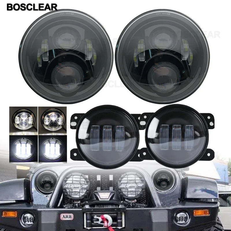 

7inch LED Headlights Headlamp+4inch foglight For rubicon Jeep Wrangler Willys Sahara uaz 4x4 Land Rover Defender 90 Hummer H1 H2