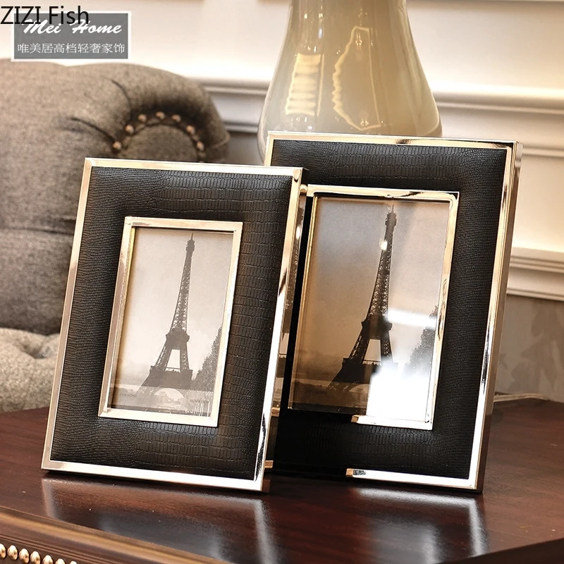 Black and White Leather Photo Frame Modern Living Room Home Decoration Imitation Crocodile Leather Alloy Photo Frame Lovers Gift