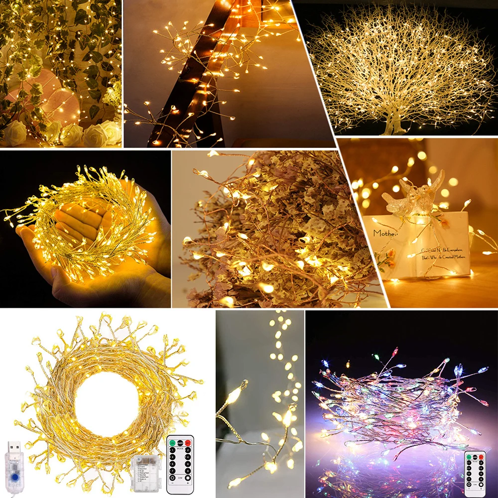 Outdoor Waterproof String Light LED Firecracker Fairy Light 8 Modes Xmas Tree Home Party Holiday Garden Decor USB/Battery D30