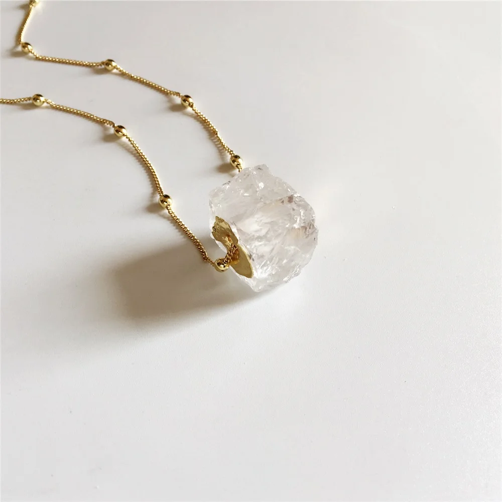 FUWO Wholesale Clear Quartz Neckace,Natural White Crystal Stone Square Box With Gold Color Plated Beads Chain Jewelry NC090 5pcs