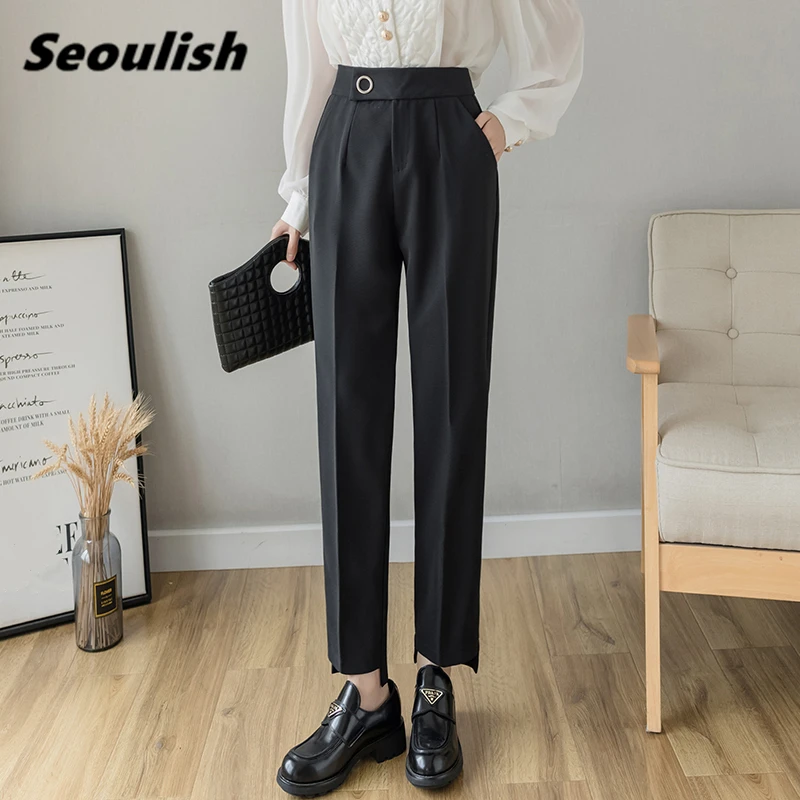 

Seoulish New 2021 Spring Summer Formal Women's Harem Pants Buttons Black Office Pant High Waist Female Elegant Trouses Pocket